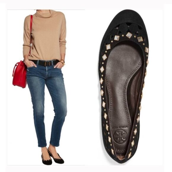 Tory Burch Black Flats Suede Ballerina Flats Kingsbridge Size 6.5 - Picture 2 of 15